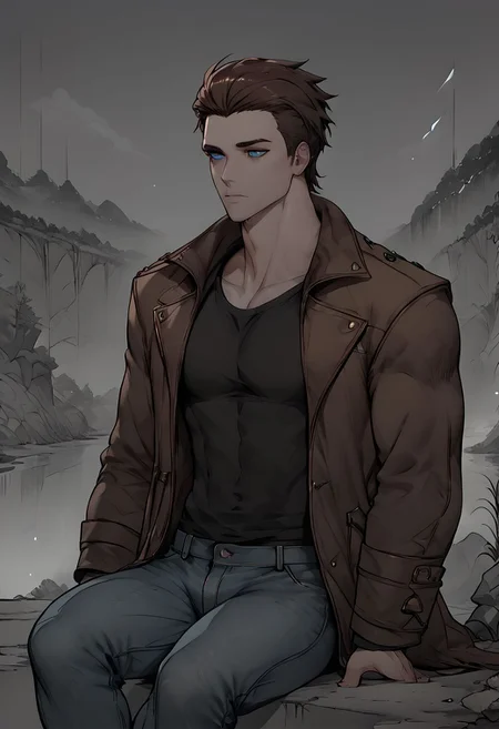 score_9, score_8_up, score_7_up, 1 man, shen, shen from league of legends, brown hair, muscular man, blue eyes, coat, jeans, black shirt, sitting alone, loneliness, silence, empty look, scenery, greyscale