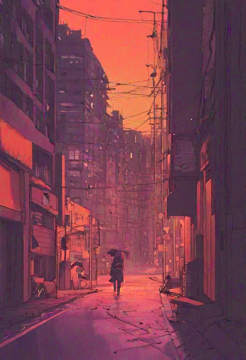 Lo-Fi background
Sketchy Lines
Limited Palette
Imperfections
Expressive Shapes
Muted Tones
Analogous Harmony
Textured Application
Distressed Textures
Low-Tech Materials
Digital Lo-Fi
A lone figure strolled down the deserted street, their footsteps echoing softly against the pavement. The last rays of the sun dipped below the horizon, painting the sky in a mesmerizing blend of deep purple and fiery orange. The city lights began to flicker to life, casting a warm glow on the empty sidewalks and towering buildings. Every detail shimmered with a dreamlike quality, accentuated by the soft hum of distant traffic and the occasional flicker of a neon sign. This was Yofukei at its finest - a melancholic yet strangely beautiful scene where the quiet solitude of the night invited introspection and a yearning for connection amidst the urban sprawl. Every window, bathed in a warm yellow light, hinted at a story waiting to unfold, while the lone figure walking beneath the tapestry of twilight colors became a poignant reminder of the vastness of the city and the fleeting nature of moments.
Empty Street, convenience store ,dim light street light, black anime solo, sky, cloud, indoors, pillow, no humans, window, bed, moon, curtains, building, scenery, sunset, city, sun, cityscape, bedroom, purple sky