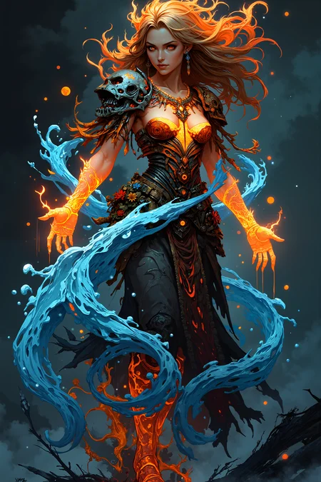 The elemental woman stands in a swirling tempest of fire and water, her very body a fusion of these opposing forces. Flames flicker along her arms, casting a warm, glowing light that fades into streams of liquid water, cascading from her fingertips. Her dress is an extraordinary blend of molten lava, shimmering with embers, and rippling waves of crystalline blue water, flowing seamlessly together in constant motion. Skulls of blackened bone rest on her shoulders, each one glowing faintly with an inner heat, while fire flowersâdelicate blossoms of flameâbloom from her wrists and neckline, their fiery petals crackling in the air. Around her waist, a belt of frozen leaves wraps tightly, the edges of each leaf glistening with frost, a stark contrast to the searing heat of the fire. Her hair, a living torrent of flames and water, flickers and flows with each movement, while a necklace made of jagged icicles and glowing embers rests against her chest, embodying the union of the elements.<lora:Anime v1.3:1.2>