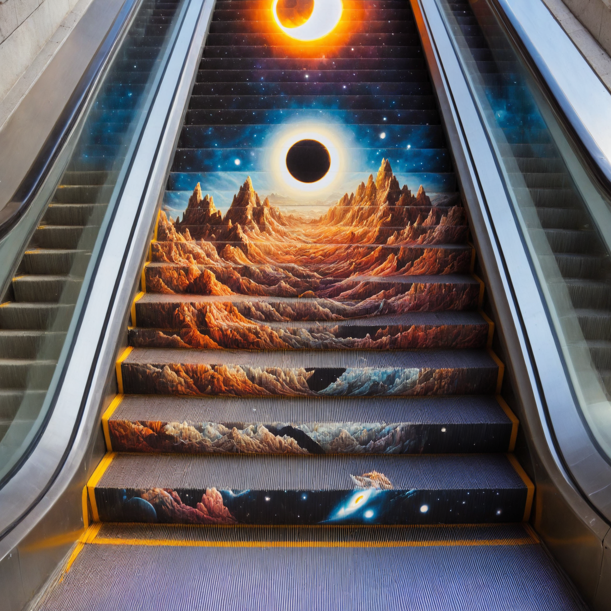 masterpiece, best quality, escalator, mountains, energy beam,wainscoting,solar eclipse, escalator-art<lora:escalator-art:0.75>