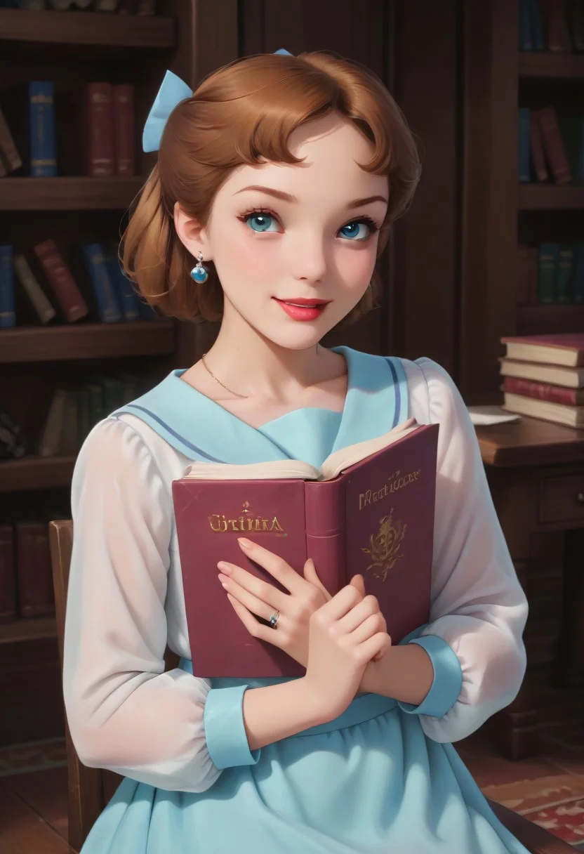(ultra HD quality details), score_9, score_8_up, score_7_up, 8k,
Cowboy shot,
1girl , 21 years old, legal age, flat chest, small breasts,
lipstick, earrings, bracelet, ring, necklace,
WendyDarling, 1girl, solo, brown hair, hairbow, blue eyes, lipstick,
sailor collar, white blouse, long sleeves, blue skirt, short skirt,
Smile
<lora:bookshelf-pov-ponyxl-lora-nochekaiser:1> bookshelf pov, bookshelf, book, too many books,, , blush, sitting on chair,
BBtrend, breasts,upper body, book, open book, holding book, covering breasts