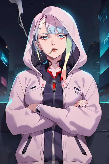 score_9,score_8_up,score_7_up,
<lora:Lucy_Pony:1>,
Lucyna,lucy,cyberpunk,1girl,solo,hood,cigarette,smoking,jacket,short hair,multicolored hair,2d,2D Animation,bangs,smoke,hood up,hoodie,makeup,blue eyes,long sleeves,night,crossed arms,dim light,dark,beautiful detailed eyes,