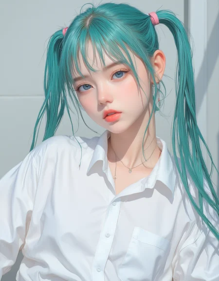 Semi-Realistic
Editorial fashion photo of Hyperrealistic Hatsune Miku wearning boyfriend white shirt. staying in bathtube