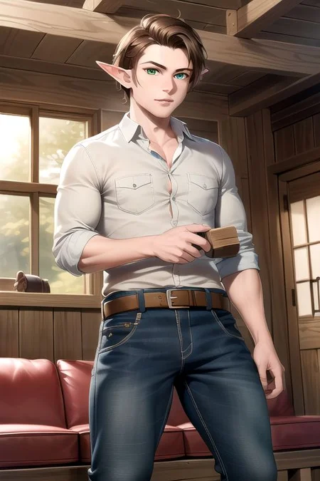 (masterpiece, intricate:1.3), (best quality, hires textures, high detail:1.2), (4k) 1boy, male, man, elf ears, medium hair, brown hair, green eyes, jeans, flannel shirt, toolbelt, holding hammer, making a wooden sofa set,