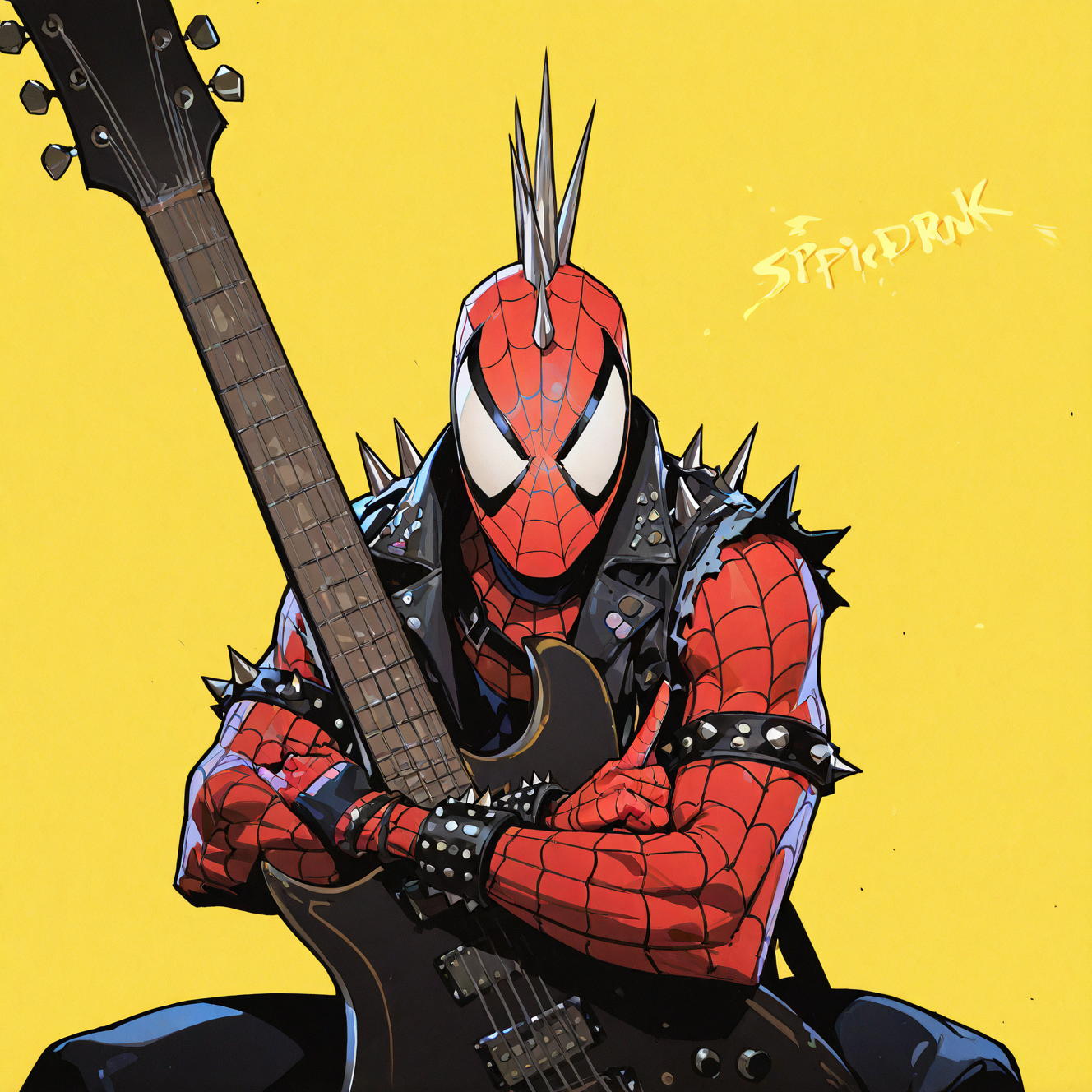 <lora:SPIDERPUNK:1>spiderpunk, solo, looking at viewer, 1boy, jewelry, upper body, male focus, bracelet, torn clothes, mask, bodysuit, crossed arms, fishnets, yellow background, instrument, spikes, armlet, guitar, holding instrument, spiked bracelet, blank eyes, electric guitar, superhero, spider web, spider web print, spiked armlet, studded bracelet, punk, sitting, character name, fishnet top, holding plectrum, mask, black vest, music, middle finger, detailed background, motion blur, film grain, abstract, natural lighting, fantasy, cinematic, dynamic view, very awa, masterpiece, best quality, absurdres, newest, perfect quality, detailed background, intricate details, (artist:fl \(l-fl\):0.7), (artist:tooboshoo:0.7), (artist:dizdoodz:0.8)    <lora:bulge:1> bulge