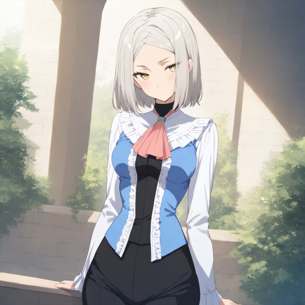 cowboy_shot,masterpiece,high score,great score,absurdres,<lora:Yukine_Mare ag4o v1:1> yukine_mare, grey hair, short hair, yellow eyes,ascot,frills,long sleeves,pants,
