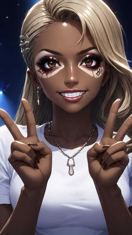 <lora:persona5_saeniijima_ponyXL:0.8> saeniijima, 1girl, grey-blonde hair, sidecut, undercut, long hair, medium breasts, makeup, lipstick, hair ornament, brown eyes, necklace, § necklace, <lora:RealisticAnime:0.8> (ultra realistic, 32k, masterpiece:1.2), (high detailed skin:1.1), (high quality:1.1), bokeh, luminescent background <lora:Manba_XL:0.8> Gyaru, Ganguro, Yamanba, dark skin, tattoo, (facepaint:0.50), double v, grin, looking at viewer, face focus, score 9, score 8 up, score 7 up, score 6 up, score 5 up, score 4 up, BREAK,