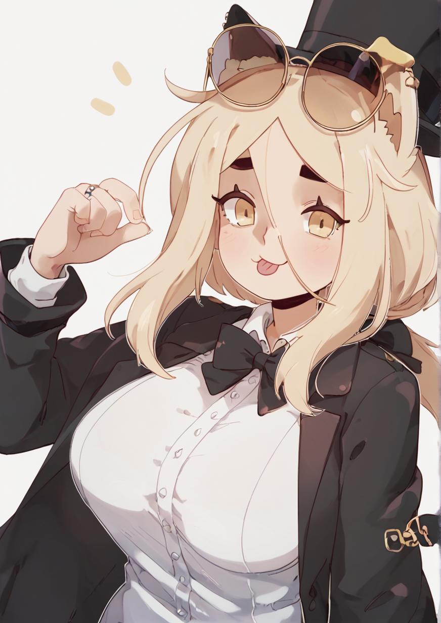 1girl, huge breast, css cat girl, :p, aura, bow, coat, dutch angle, eyewear on head, fingernails, from side, hand up, hat, hat bow, jewelry, long sleeves, looking at viewer, looking to the side, ring, round eyewear, showing, solo, sunglasses, tongue, tongue out, top hat, upper body,  <lora:bakuatsukiyu:1>