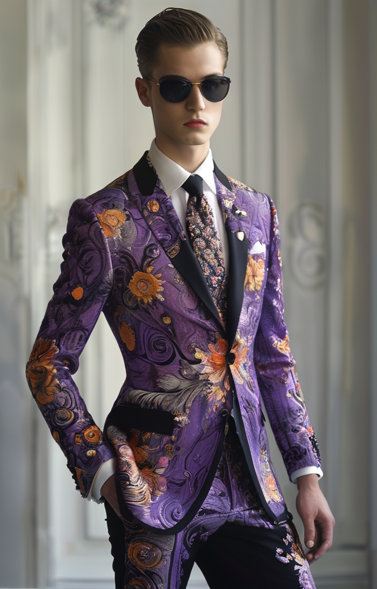masterpiece,best quality,<lora:tbh322-sdxl:0.9>,illustration,style of Christian Dior Versace's bold baroque print suit, vibrant colors, luxury menswear, Milan fashion scene