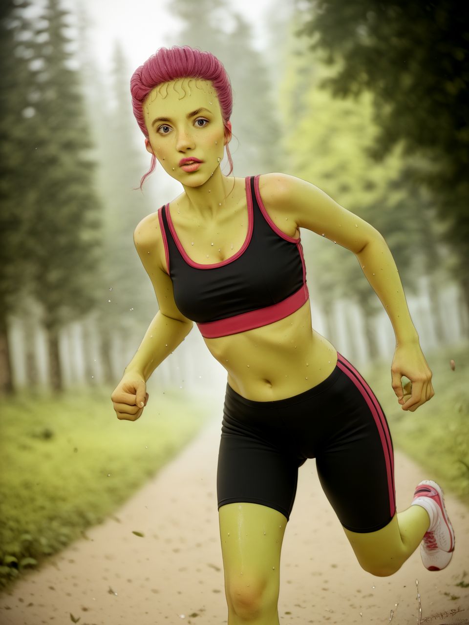zPDXL3, source_anime, outdoors, forest, 
1girl, solo, jogging, motion lines, exertion, <lora:msKlotzTV_PDXL:0.8> msklotztv, green skin, short pink hair, pink lips, sports bra, bike shorts, sweaty skin,