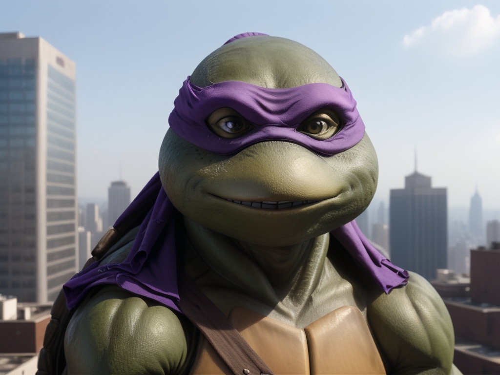 close-up, TMNTDonatello, a teenage mutant ninja turtle, wearing purple bandana mask with eye-holes, standing on a city rooftop during the day, skyscrapers and rooftops and day sky in the background, <lora:TMNT_Turtles_AIO_SDXL-000009:1>