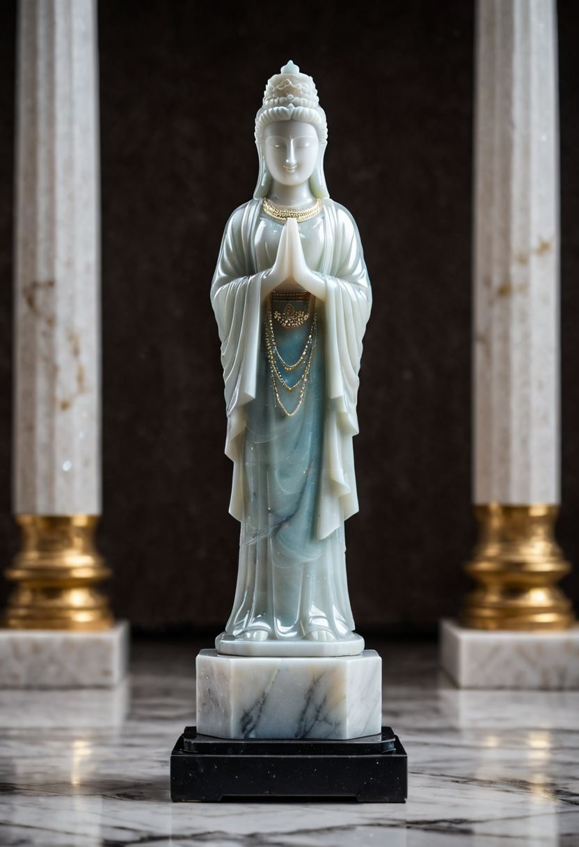 Fujifilm XT3, Sony A7 IV, (award winning photography) a marble simple stylized ishtar (figurine) made of opal (Kintsugi: 0.89) set on a pedestal in temple, glistening. in the background beautiful pillars, divine (iridescent: 0.79), opalescent textures, volumetric light, ethereal, sparkling, studio photo, highly detailed, sharp focus (highest quality: 1.39) (highest coherency: 1.39) (award winning photography), highly detailed photography, (muted colors, cinematic, dim colors, soothing tones:1.2), vibrant, insanely detailed, hyperdetailed, (dark shot:1.2), (vsco:0.3), (intricate details:0.9), (hdr, hyperdetailed:1.2) (vignette), sss, raw photo, fijifilm, kodak, cinematic film grain