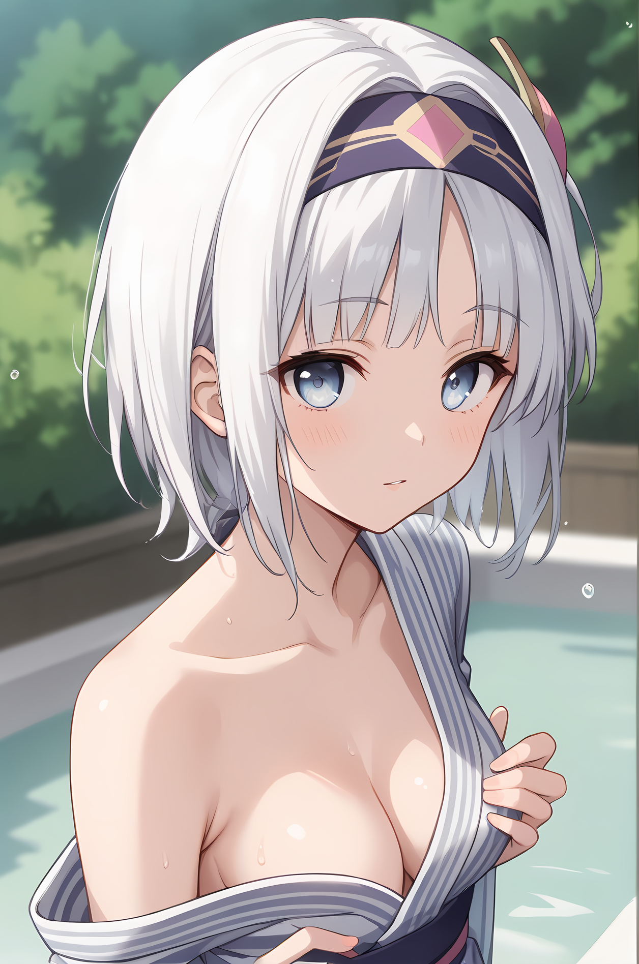 (bath yukata hanten:1.40), sh-syne, white hair, medium hair, headband, hair ornament, blue eyes, medium breasts, 1girl, solo, skinny, (score_9, score_8_up, score_8, score_7_up), score_7, score_6_up, score_6, source_anime,
(horny:1.20),
(outdoors:1.20),
(0.2:close-up depth of field:1.30),
, <lora:sh-syne-V01-000003:0.60>