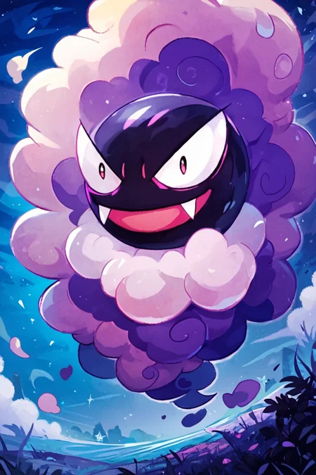 score_9, score_8_up, score_8, no humans,   BREAK, ,  zzGastly, fangs, black eyes, full body, floating, outdoors, :d, night, cloud, purple background <lora:Gastly_Pokemon_PDXL:0.8>, , BREAK, smile, closed mouth, looking at viewer, cowboy shot, ,,, embedding:zPDXL, Expressiveh, ,,, <lora:Konpeto_PDXL_v3:1.0>, <lora:SDXLFaeTastic2400:0.5>, <lora:Expressive_H-000001:0.4>,