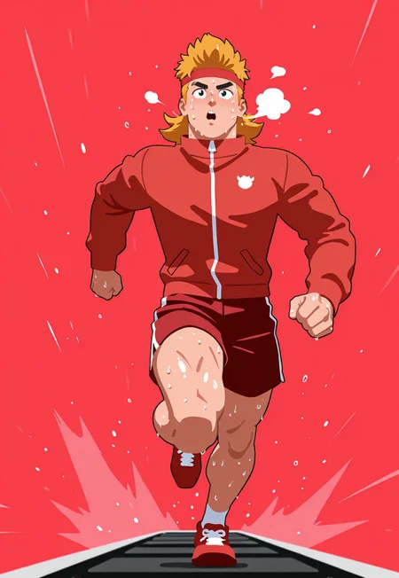 masterpiece, best quality, amazing quality, detailed background, intricate details, dynamic, cinematic, animated, anime realistic shading, solo, male focus, source_anime,high resolution, newest, depth of field, bara, yaoi, perfect face, 1boy, 3ddy, blond hair, black eyes, medium hair, red headband, red sweatshirt, high collar, zipper, zipper pull tab, red shorts, red sneakers, muscular male, breathing heavy, sweating, red background, abstract background, dutch angle, action shot, full body, running, on treadmill