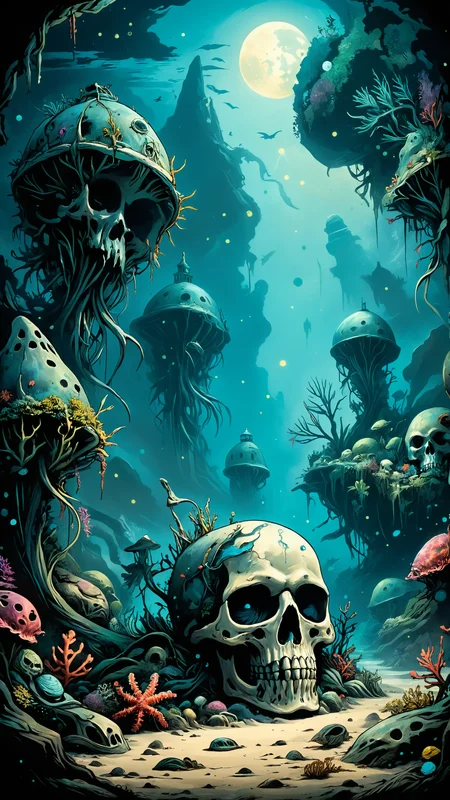 A marine graveyard where skeletal remains of ancient sea creatures intertwine with luminescent seaweed, creating a haunting and surreal burial ground, <lora:ral-colorswirl:0.7> ral-colorswirl, <lora:Ive_Got_The_Power:0.8>, <lora:xl_more_art-full_v1:0.4>