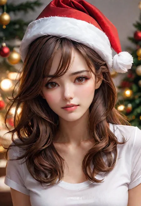 (masterpiece), 
1girl,
christmas hat,
white shirt,
brown hair,, floating hair, 
upper body shot, 
HDR, highly detailed, 32k, 
(sexy) mood, 
perfect face feature,