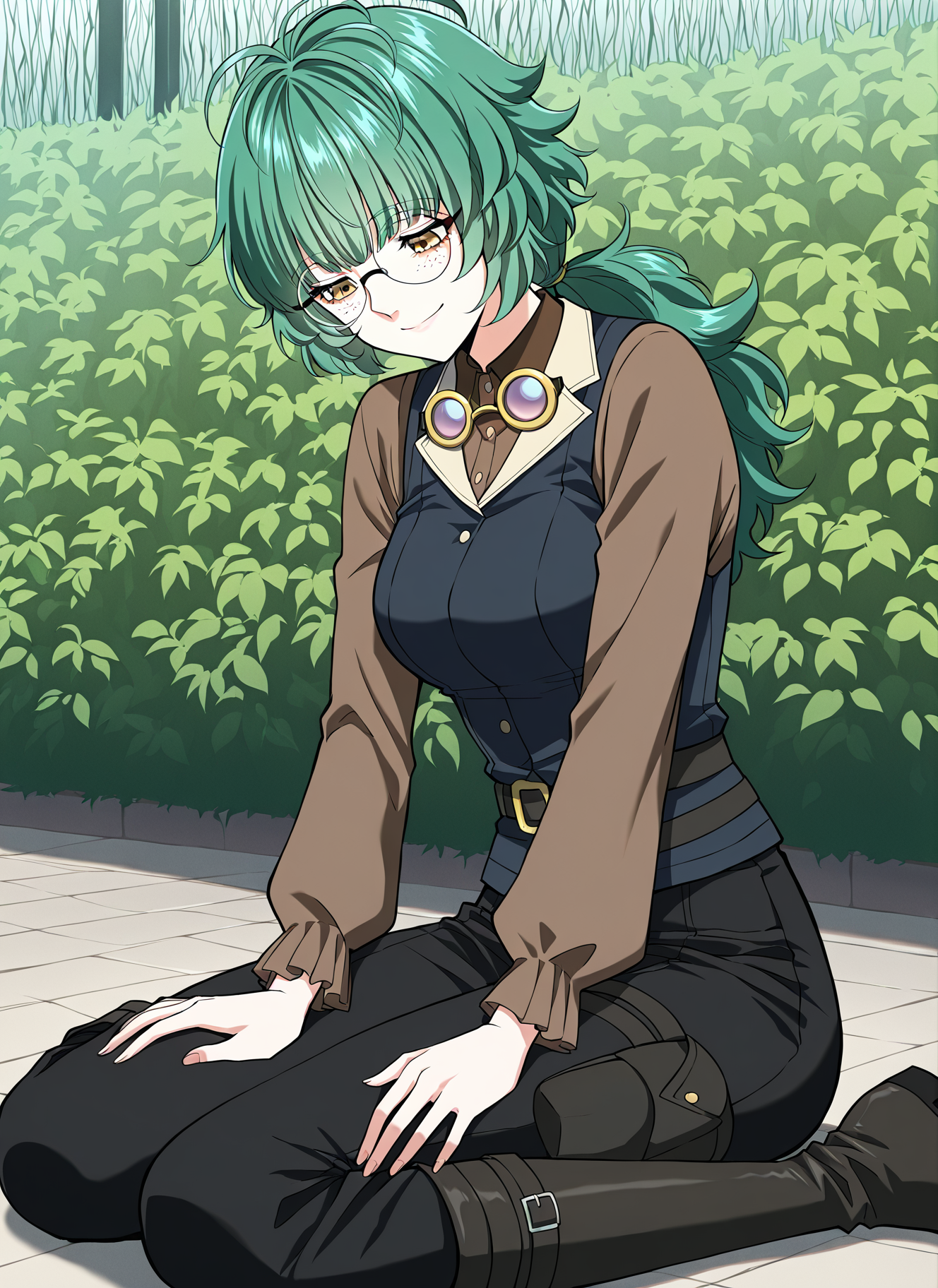 <lora:Emily_Watsken__The_Beginning_After_the_End__Illustrious:1>
1 girl, solo, yellow eyes, green hair, ahoge, low ponytail, bangs, long hair, messy hair, freckles,
black pants, knee boots, brown shirt, long sleeves, collared shirt, glasses, round eyewear, belt,
score_9, score_8_up, score_7_up, very aesthetic, source_anime, detailed, high quality, beautiful, detailed eyes, masterpiece, best quality, absurdres, perfect anatomy, 1girl, solo, wariza, sitting, hands on own knees, garden background, charming smile, rain