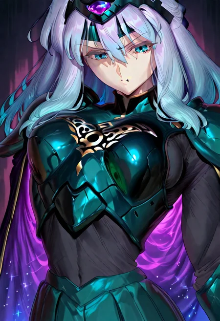 score_9, score_8_up, score_7_up, ((solo)), calm, pout, closed mouth, 1girl, solo, (medium breasts, thin waist, wide hips), peaceful, closed mouth, adult, (((eirika face))), (((cyan hair, cyan eyes))), ((long hair, hair between eyes)), (((indigo cape, metal headband, green metal_uniform, metal breast_armor))), no background, dark background, cowboy shot, dark background, portrait, Expressiveh,