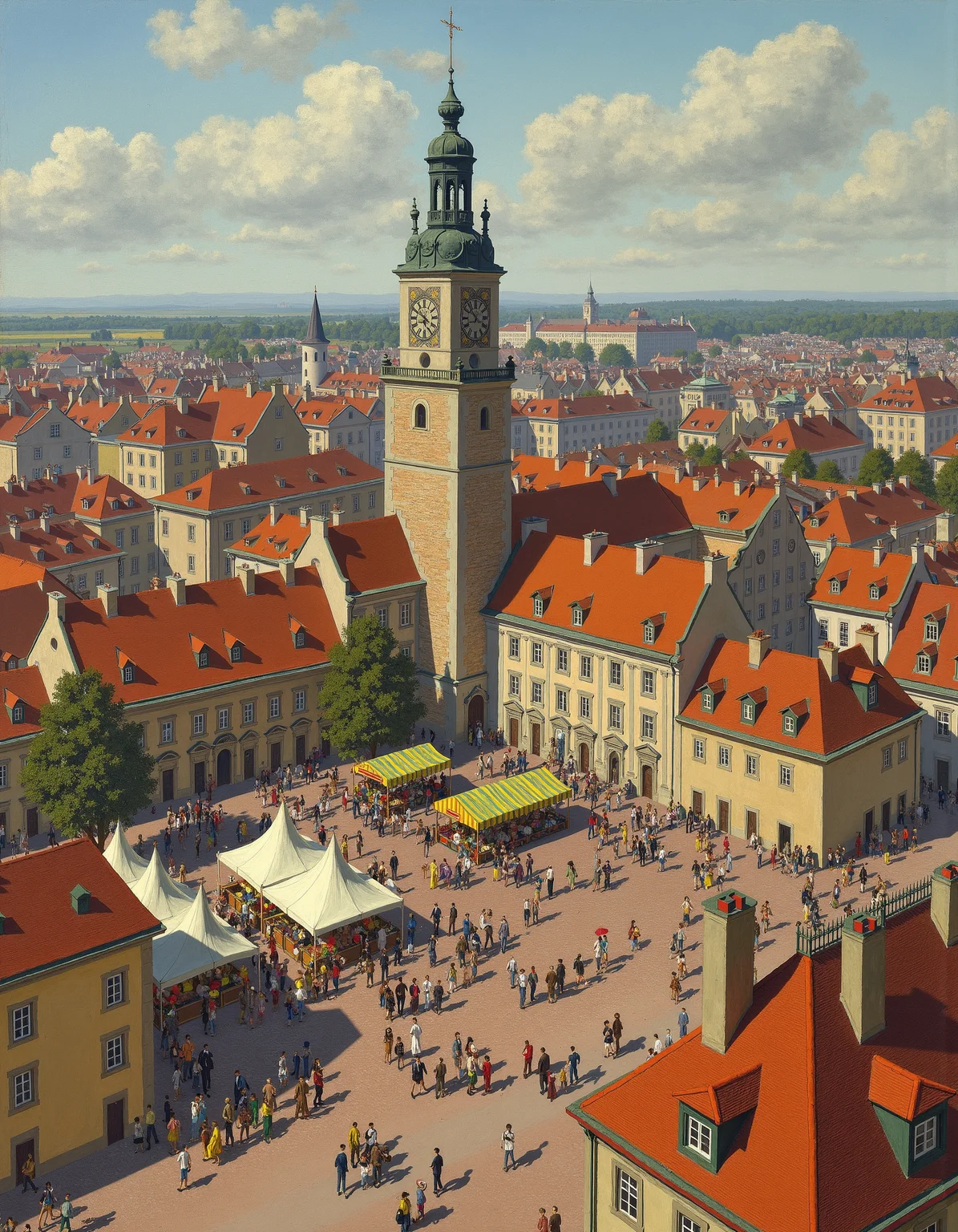 Ariel view of a European town, clock tower, town square, festival, colorful tents, banners, crowds, 1800s, brick paved roads,
<lora:claude_monet_flux1-dev.safetensors:1> by Claude Monet