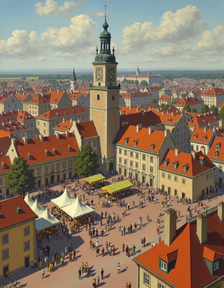 Ariel view of a European town, clock tower, town square, festival, colorful tents, banners, crowds, 1800s, brick paved roads,
<lora:claude_monet_flux1-dev.safetensors:1> by Claude Monet