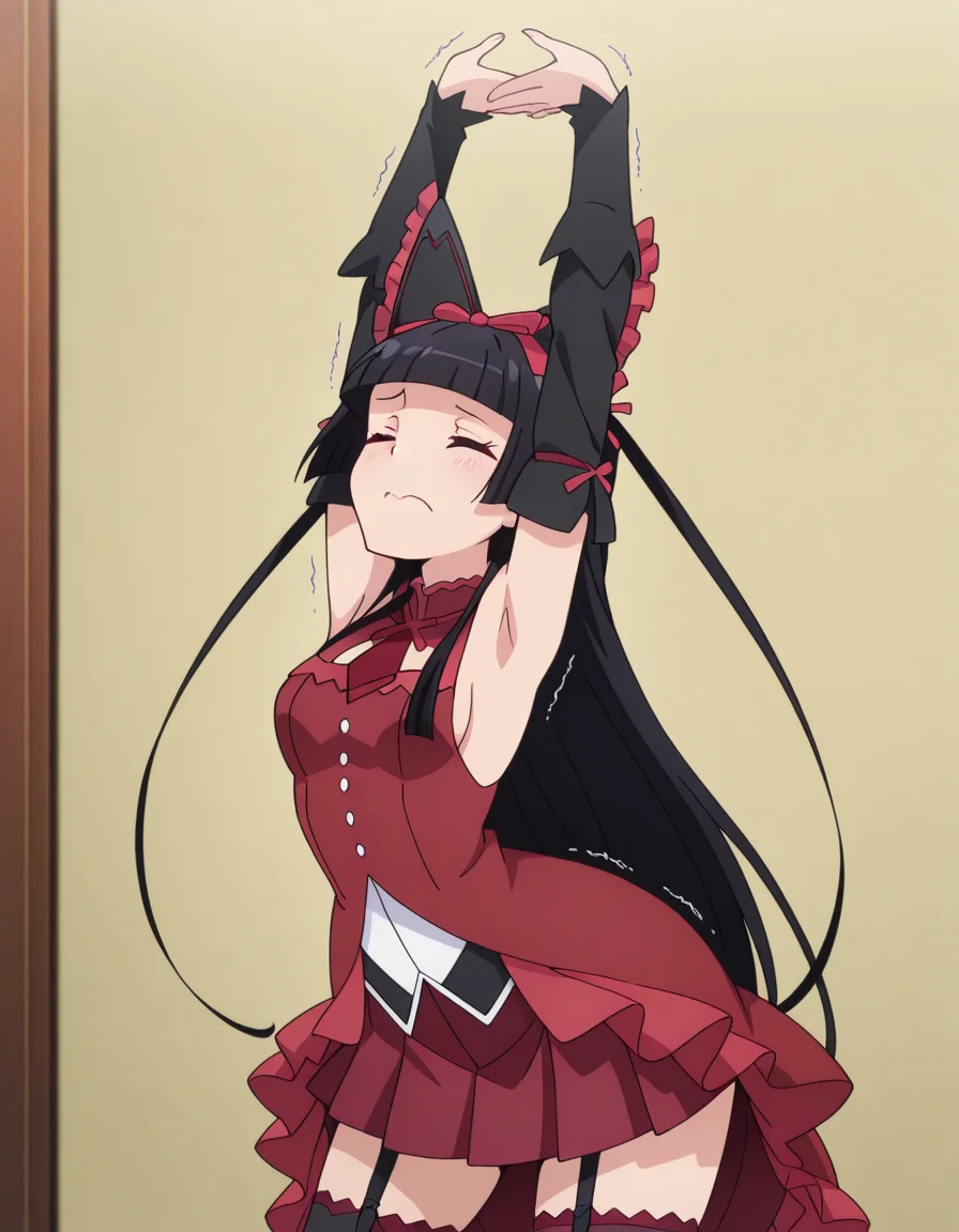 masterpiece, best quality, amazing quality,, <lora:rory-mercury-s1s2-illustriousxl-lora-nochekaiser:1>, rory mercury, long hair, black hair, red eyes, bangs, blunt bangs, hime cut, mature female, small breasts, anime screencap, <lora:sakura-kyoko-cosplay-illustriousxl-lora-nochekaiser:1>, sakura kyoko cosplay, sakura kyoko (cosplay), black thighhighs, cosplay, detached sleeves, dress, frilled dress, frills, long sleeves, magical girl, miniskirt, pleated skirt, red dress, red skirt, sideboob, skirt, skirt under dress, sleeveless, sleeveless dress, thighhighs, zettai ryouiki,, <lora:cammy-stretch-illustriousxl-lora-nochekaiser:1>, cammy stretch, cammy stretch (meme), stretching, arms up, arched back, cowboy shot, trembling, closed eyes,, one_eye_closed, , , ,