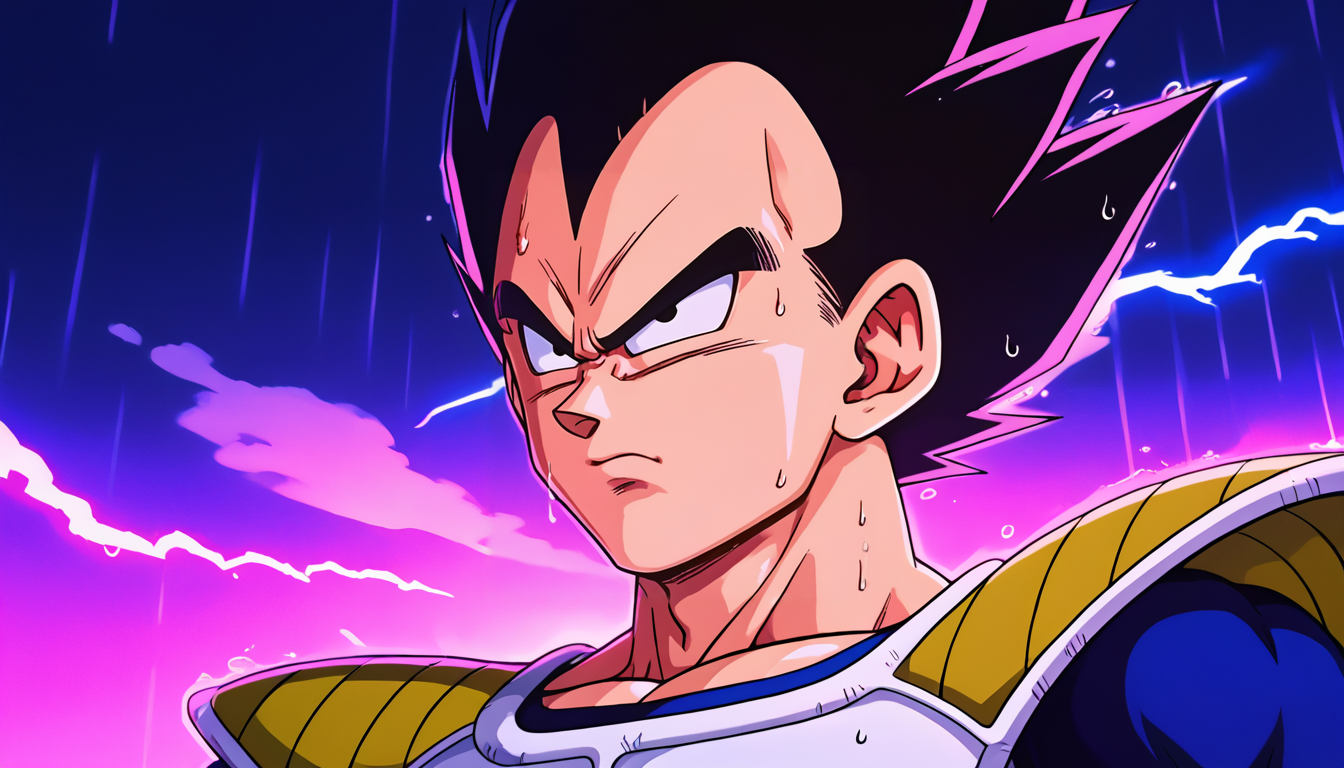 score_9, score_8_up, score_7_up, source_anime, <lora:D.I.D._Vaporwave_Visions:.7>, did vaporwave style, black background, outdoors, rain, lightning, portrait, 1boy, <lora:vegeta_pony_v1:.8>, vegeta, spiked hair, black hair, muscular, short, armour, wet skin, wet hair, serious
