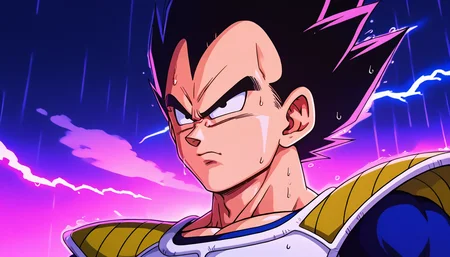 score_9, score_8_up, score_7_up, source_anime, <lora:D.I.D._Vaporwave_Visions:.7>, did vaporwave style, black background, outdoors, rain, lightning, portrait, 1boy, <lora:vegeta_pony_v1:.8>, vegeta, spiked hair, black hair, muscular, short, armour, wet skin, wet hair, serious