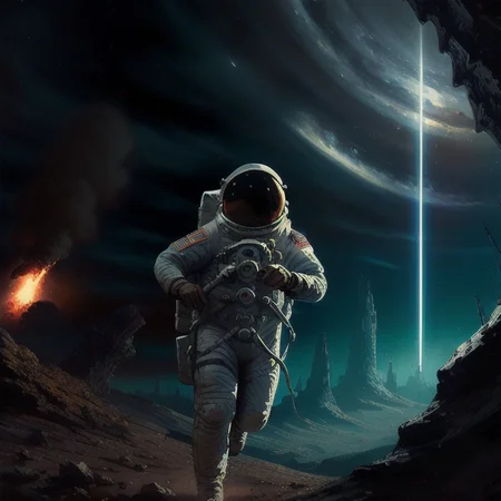 (((realistic))), ((DSLR photo)), <lora:CosmicLandscapes:0.7>, a ((close up)) photo of a ((an astronaut running through an alien landscape)), ((view from the front)), ((explosions behind him)), chiaroscuro, beautifully lit, cinematic lighting, dramatic lighting, natural lighting, naturalism, (golden ratio), detailed, 8K, by Bruce Pennington, <lora:theovercomer8sContrastFix_sd15:0.5>, Danny Flynn, by alexi zaitsev, by Antoine Blanchard, by Brent Heighton, by Jeremy Mann
