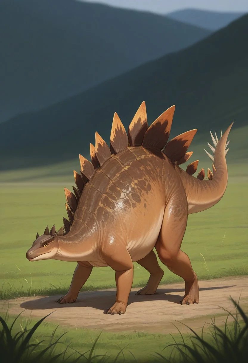 best quality, masterpiece, amazing quality, very aesthetic, absurdres,
full body,
1boy,
no humans, solo,
stegosaurus,
feral,
colored skin, brown skin, countershading, white belly,
tail,
looking to the side,
outdoors, field