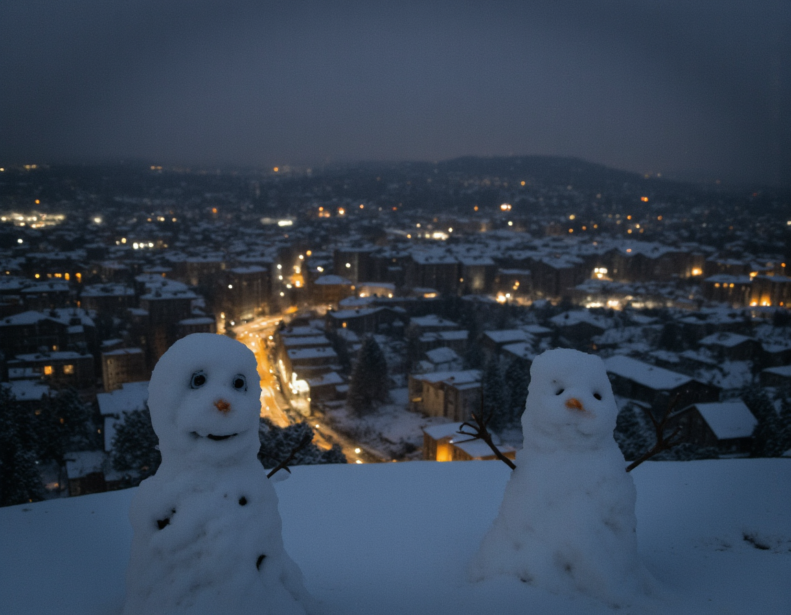  <lora:{nightambience, }Night_ambience-000015:0.85> nightambience, A breathtaking, ultra-sharp 4k photograph capturing a serene city panorama view from a hilltop, set against the magical backdrop of a heavy snowfall on a winter night. The cityscape stretches out in a vast, twinkling expanse, with buildings, streets, and cars all blanketed under a thick layer of snow, their outlines softly blurred by the falling flakes. In the foreground, a lone snowman stands vigil, its body a pristine, untouched mound of snow, adorned with a bright orange carrot nose and coal eyes that seem to gleam with a quiet, snowy wisdom. The snowman's coal eyes and carrot nose are the only pops of color in the otherwise monochrome winter wonderland. The night sky above is a deep, foreboding grey, with snowflakes falling gently, their delicate forms illuminated by the soft, golden glow of streetlights and building windows, casting a warm, inviting ambiance across the snowy landscape. The lighting is soft and ethereal, with the snowfall creating a sense of depth and dimensionality, while the city lights twinkle like stars, casting long, shimmering shadows across the snow-covered rooftops and streets. The shot is a wide-angle, panoramic view, capturing the full majesty of the snow-covered city, with the snowman standing as a small, yet poignant, focal point in the midst of the winter wonderland. The image features a hyper-detailed, photorealistic rendering style, with every snowflake and building texture sharply defined, and a shallow depth of field that softly blurs the distant cityscape while keeping the snowman and foreground elements in sharp focus, creating a sense of intimacy and solitude in the snowy night. The overall mood is one of peaceful, snowy serenity, with the snowman standing as a symbol of winter's simple, childlike joys. The photograph is so detailed that the delicate patterns on the snowflakes and the rough texture of the snowman's coal eyes are visible, making the scene feel almost tangible. The snowfall adds a sense of movement and life to the otherwise static scene, creating a captivating contrast between the stillness of the snowman and the city, and the dynamic, ever-changing snowfall. . 35mm photograph, film, bokeh, professional, 4k, highly detailed