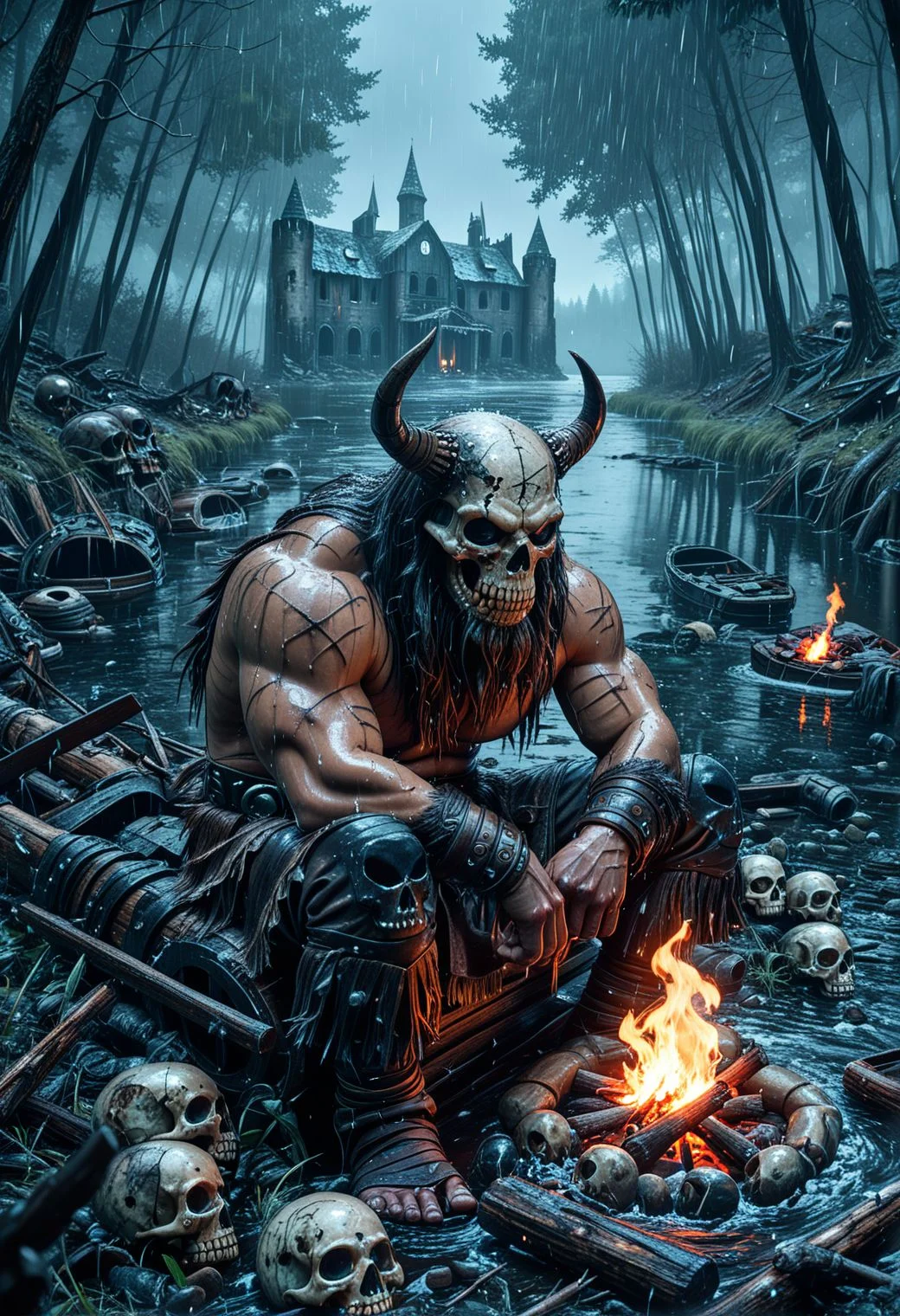 SmoothNoob_Quality, horror \(theme\), A dark european castle looming over a haunted forest and a lake, shipwrecks, rain, skull, bonfire on grass, sitting, barbarian,
<lora:Smooth_Booster:0.5> <lora:Kyu_Yong_Eom_Style_-_Illustrious:0.5>