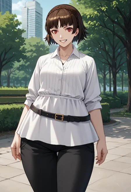 score_9, score_8_up, score_7_up, score_6_up, score_5_up, score_4_up, source_anime
1 girl, solo
p5makoto, niijima makoto, brown hair, blunt bangs, crown braid, red eyes,
p5makoto-sumcas, shirtdress, dress, white dress, open collar, black pants, capri pants, black belt, thin belt, loose belt,
outside, park, trees, greenery, standing, smile, teeth, looking at viewer,