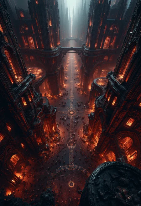 Bird's-eye view, ancient cyberpunk settlement, cyberpunk and gothic fusion. Intricate spatial composition, geometric planning, strategic shapes. Buildings that are fusions of gothic cathedrals and futuristic skyscrapers. Clustered gothic cyberpunk structures, neon lights, and bold gargoyle sculptures. Atmospheric interplay, ambient light, dynamic shadow, rich hues. Detailed architectural nuances, mosaic-like pathways, designed streets. Steampunk artifacts, monumental architectural details. Technical quality 8k, masterpiece, hyper-detailed imagery, intricate design, evocative textures, neon lighting, timeless narrative. <lora:JJsCyberPunkCity_Flux:0.6> <lora:Dever_Flux_Enhancer:0.4> <lora:42lux-UltimateAtHome-flux-highresfix:0.25>