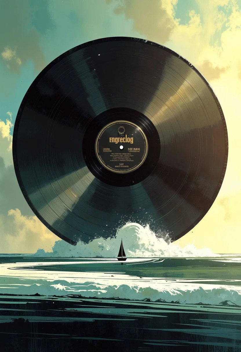 ppstorybook,
landscape, colossal vinyl records rising from the ocean, waves crashing against their grooves, golden sunlight reflecting on the spinning discs, surreal retro aesthetic
Massive vinyl records tower over the sea, their grooves forming hypnotic patterns as the ocean waves spin them slowly. A tiny boat sails between them, the sound of music reverberating across the water.
