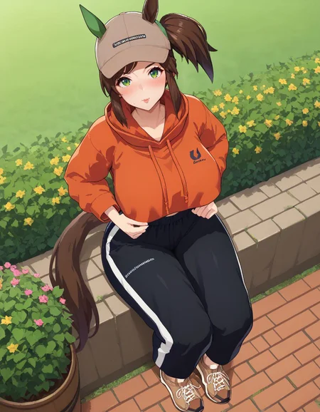 <lora:Ines_fujin_v1.0_Cibitai:0.7>, I_FUJIN,ines fujin,side ponytail,blunt bangs,asymmetrical bangs,brown hair,green eyes,freckles,horse girl,horse ears,horse tail,IF_C,single green ear cover,baseball cap,brown cap,orange hoodie,long sleeves,cropped hoodie,hood down,brack undershirt,shirt tucked in,sweatpants,black sweatpants,brown sneakers,brown shoes,garden, trees,,full body, sitting, legs apart,high angle, view from front, <lora:Ultimate_Milf_XL:1>, Mature Female, Milf, tall girl,, , score_9, score_8_up, score_7_up, score_6_up, rating_explicit, looking at viewer, 1girl, huge breasts, thick thighs, blush, wide hips, narrow waist,