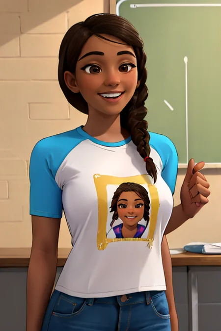 ((detailed)), ((masterpiece)), (realistic, photorealistic:1.1), 8k resolution,
<lora:charaown_TeacherCocomelon:0.55> cocomelon_teacher, 1girl, long hair, breasts, brown hair, brown eyes, braid, dark skin, dark-skinned female, single braid, shirt, short sleeves, pants, denim, t-shirt, jeans, raglan sleeves, print shirt, large breasts, smile, teeth,