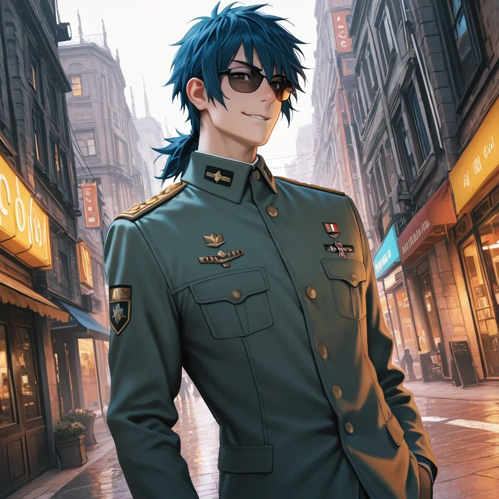 masterpiece, best quality, amazing quality, absurdres, newest, detailed background, definition so sharp, Ultra-HD, 8K cinematic, very awa, impressionate, amazing quality, highres,
solo, male focus, manly,
daikakukokujouji, 1boy, short hair, tied hair, low tied hair, lieutenant_pretime, lieutenant_blue hair, lieutenant_brown eyes, stylish outfit, sunglasses \(falling off\), posing, confident smirk, but off-balance, urban setting, vibrant colors, energetic, cool, clumsy, fashionable, charming