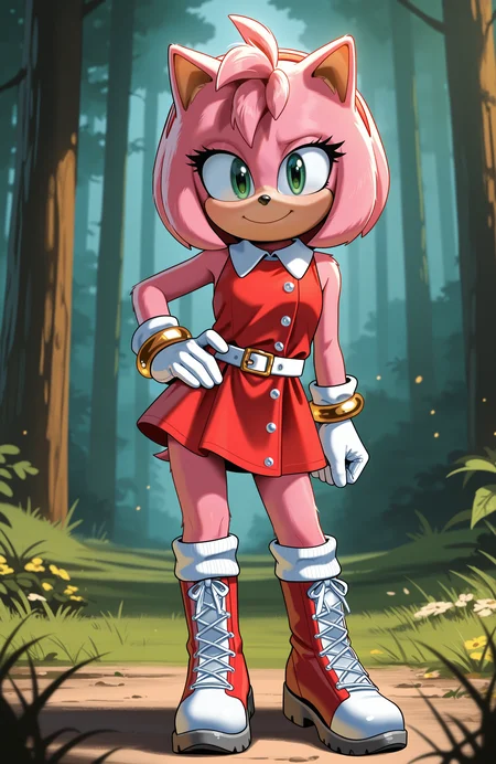 1girl, solo, full body, no humans, green hill zone, forest, grass,
<lora:Movie-Amy:1> movieamy, pink fur, green eyes, animal nose, body fur, hedgehog tail, petite, short legs,
short hair, bob cut, red hairband,
red dress, sleeveless dress, backless outfit, white belt, collared dress, gold bracelet,
white socks, white gloves, standing, lace-up boots, red boots, white boots, two-tone boots,
contrapposto, standing, smile, looking at viewer, hand on own hip, extremely detailed, highres, masterpiece, best quality