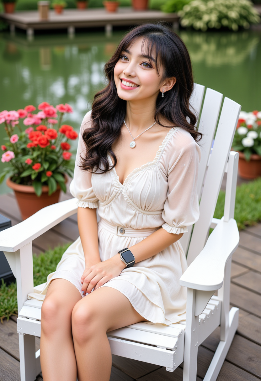  Hyperrealistic, she is approximately 18 years old, she is smiling, dynamic angles, multiple angles,She is looking at the camera, photoshoot poses; A photo of Yun-Hee_wkrea_ComfyuiCC, a young woman with black hair, She is wearing a white frilly dress, and pink and white nike sneakers,  she is posing for the camera.  she is sitting in a white deck chair, on a dock lined with beautiful flower pots, a beautiful pond is in the background. the young woman being the main focus of the image. with a smile on her face. Style: realistic hyper-detailed rendering, 32k UHD, expressive eyes, punk, graphic design, girl's face, pretty and cute, gleaming lips, telling a tale of adventure. Exuding confidence and serenity. The overall mood of the image is happy and relaxed,detailed skin texture,(blush:0.2),(goosebumps:0.3),subsurface scattering,with a playful and whimsical tone,  Detailed hand, perfect hands, retro50s_style, niji style, looking at the camera, looking at the camera, looking at the camera, 