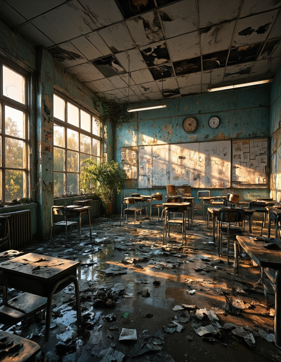 <lora:CW02_Lost_Officev2fluxc:1>   A dilapidated classroom, once a place of learning now overtaken by neglect and time. The room is bathed in the soft, golden light of sunset, casting long, haunting shadows across the stained and debris-littered floor. Pools of stagnant water reflect the glow from the windows, giving the space a mirrored eeriness that enhances its abandoned aura.
The walls, once painted a pale sea-green and blue, are now cracked and peeling, revealing signs of water damage and age. Grime clings to the surfaces. One can almost feel the damp air and smell the musty blend of mildew, decay, and old paper. The whiteboard is stained and faintly marked, relics of lessons long past barely legible. Above it, tattered notes still cling to the wall, as if stubbornly resisting the passage of time.
The desks and chairs, mismatched and scattered, are covered in dirt, mold, and damp papers. Some are overturned, others misaligned as though left in a rush or forgotten mid-lesson. A lone plant sits on the windowsill, strangely vivid â either a symbol of resilience or nature slowly reclaiming the space.
The ceiling is patched with mold, and several panels are either missing or sagging. Harsh, broken fluorescent lights hang overhead, unlit, their sterile presence replaced by the warm hues of natural twilight.
A clock on the wall stands frozen in time, suggesting the very moment the room ceased functioning â a poignant touch in this visual narrative of abandonment. Outside the windows, an overgrown thicket of trees glows with backlight from the setting sun, suggesting the world has continued on without this forgotten space.
This image evokes a powerful blend of melancholy, curiosity, and stillness, as though time has paused here, waiting for someone to return â or never return at all.