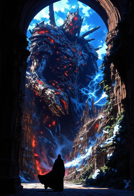 mythp0rt, midjourney_whisper_avant_couture, ne0nfant4sy, Silhouette art of an epic battle scene: a female android water elemental with flowing blue hair confronting a nightmarish mechanical behemoth in a gothic cathedral courtyard. The monster towers menacingly with multiple glowing crimson eyes, razor-sharp metal teeth, hydraulic jaw unhinged in a terrifying roar, smoke and steam billowing from its armored plates, jagged mechanical limbs ending in savage claws, exposed grinding gears and pulsing dark energy core. The water elemental channels surging waves and blue lightning against the beast, her ethereal cloak and hair flowing dramatically, ornate medieval architecture with climbing vines and crumbling spires frame the scene, ancient clock tower looming in background. Cybernetic details emit contrasting blue and blood-red lights, water droplets and energy particles exploding in air, shattered gothic arches and fallen pillars, dramatic rim lighting highlighting the clash between organic and mechanical, moody atmosphere where gothic fantasy meets dark cyberpunk warfare, deep shadows and glowing highlights emphasize the horror of the mechanical monster, debris and water effects filling the air, photorealistic, epic cinematic composition, volumetric lighting piercing through mist and smoke, octane render, 8k resolution, artstation trending, masterpiece, intense action scene --ar 2:3 --s 750 --q 2 --chaos 35 --stylize 1000