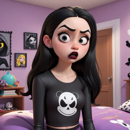 modisn disney, goth girl, annoyed expression, black lips, wearing black leggings, in a teenager bedroom, highly detailed, high quality.