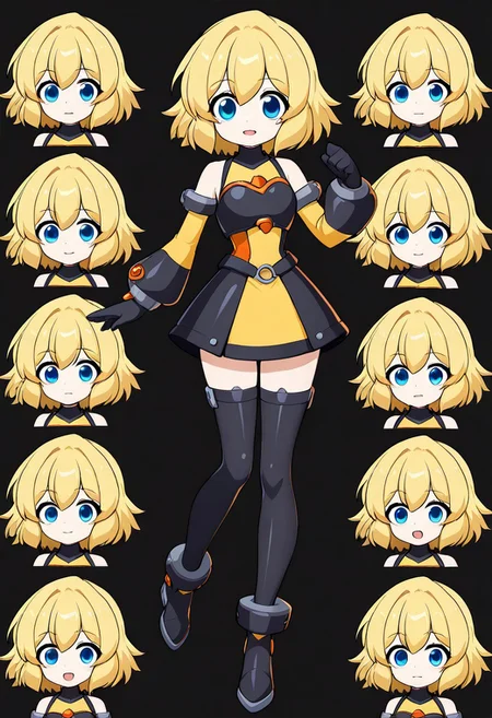 masterpiece, best quality, amazing quality, very aesthetic, absurdres, newest,shiny skin,, anime screenshot,  anime coloring, JillOCNEW,, Blonde hair, short hair, blue eyes, chibi, Yellow dress, black armor, long stockings, detached sleeves, gloves,, simple background,  black background,   open mouth, looking at viewer, xdive, Serious expression, Full body, heroine pose, smile