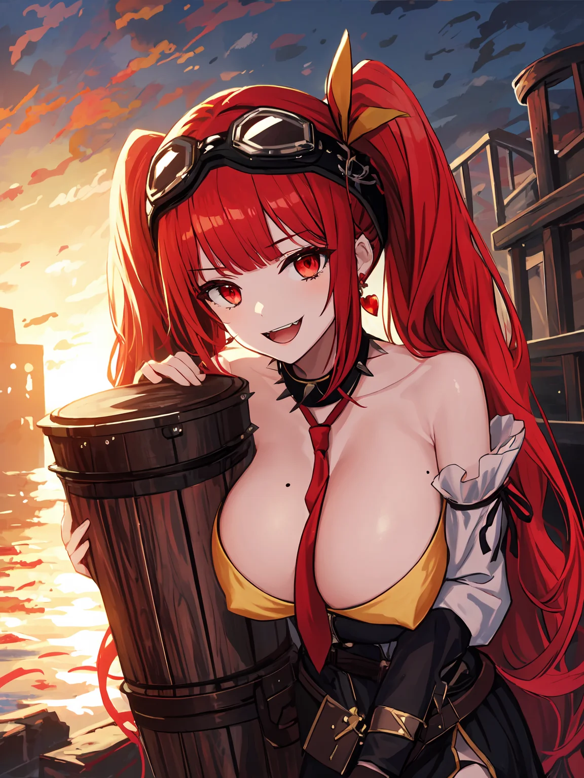 masterpiece,best quality,highres,cinematic lighting,dramatic angle,<lora:ShadowverseTidalGunnerV1:0.8> ,1girl,red hair,twintails,goggles,carrying cannon,hair ornament,hair ribbon,choker,spikes,bare shoulders,necktie,white shirt,fishnet,black skirt,belt,package,on a boat,pirate flag,depth of field,on ocean,skeleton skull decorations,red eyes,cowboy shot,clothing cutout,:d,fangs,huge breasts,thick thighs,mole,looking at viewer,portrait,close-up,garter straps,sitting on a wooden box,drinking bear