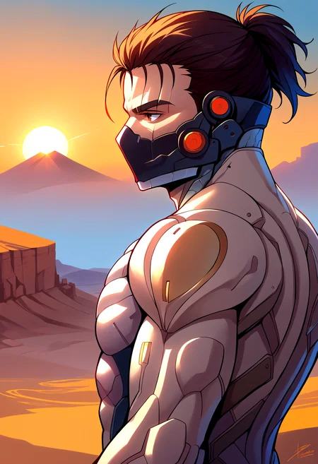 score_9, score_8_up, source_anime, 1boy, JetstreamSam, cyborg, bodysuit, mask, <lora:JetstreamSam_XLPD:1>, upper body, outdoors, sunset, desert, arizona, from side, muscular,