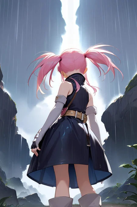 score_9, score_8_up, score_7_up, very aesthetic, source_anime, detailed,
rocky road, rain, dark sky,
standing, from behind, low angle,
looking behind
flat chest, petite female, 1girl,
<lora:presea_v01:1.2>preseaBase, pink hair, sidelocks, twintails,
black dress, sleeveless, belt, elbow gloves, fingerless gloves, high collar, grey boots,, zPDXL