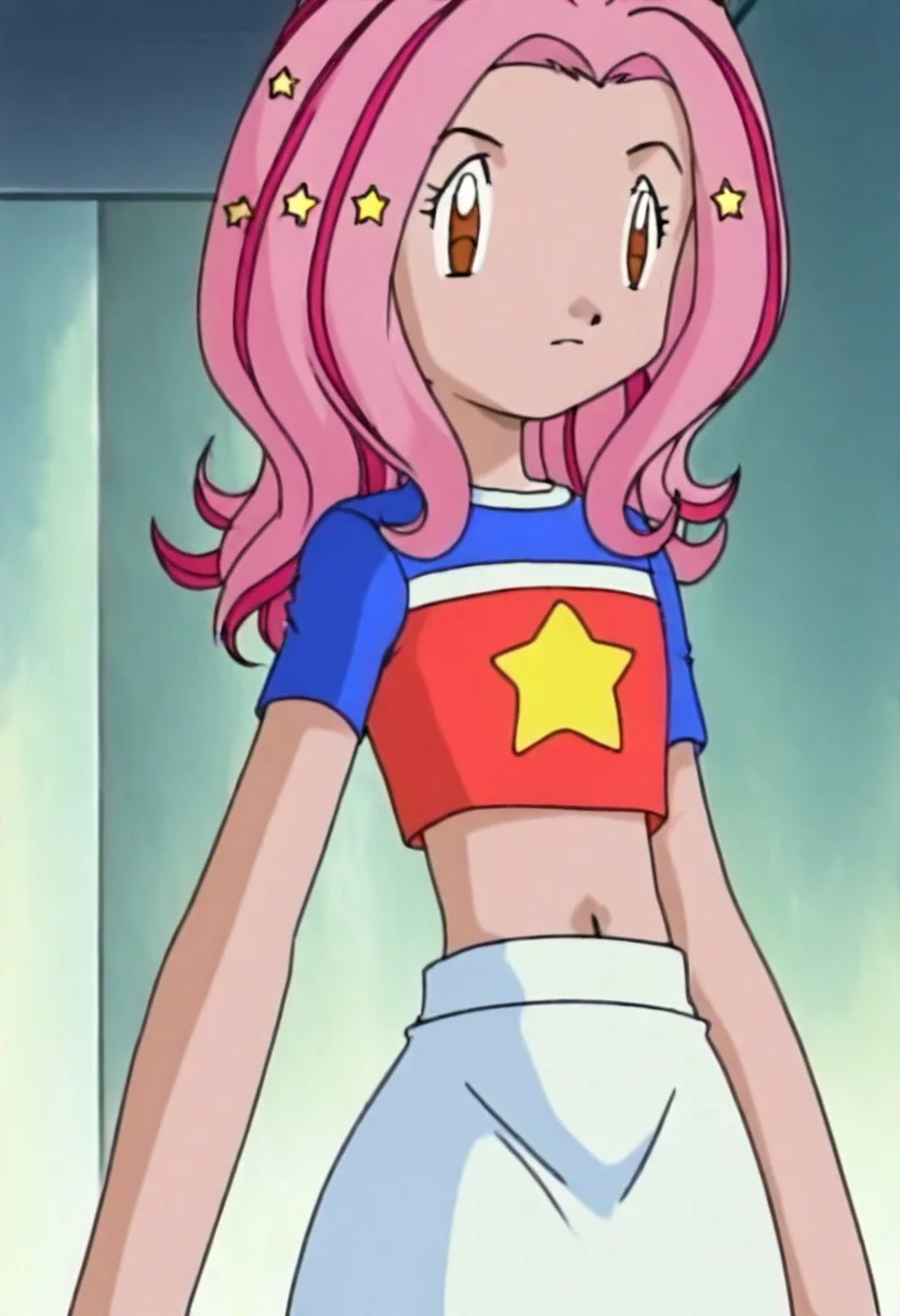 BREAK anime screencap, anime art style,anime screencap, digimon adventure 02, mimi tachikawa, 1girl, solo, skirt, long hair, pink hair, multicolored hair, brown eyes, midriff, crop top,pink hair,blue shirt, star shirt, shirt,medium hair,streaked hair, star hair ornament,hair ornament,white skirt, 1 outfit