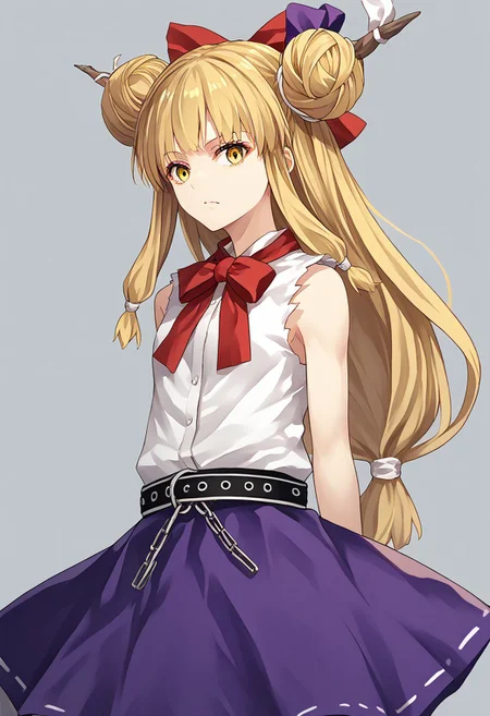 score_9, score_8_up, score_7_up, score_6_up, score_5_up, score_4_up, source_anime, 1girl, solo,
ibuki suika, double bun, blonde hair, low-tied long hair, hair bow, yellow eyes, sleeveless white shirt, belt, purple skirt, shackles,
masterpiece, best quality, very aesthetic, absurdres,