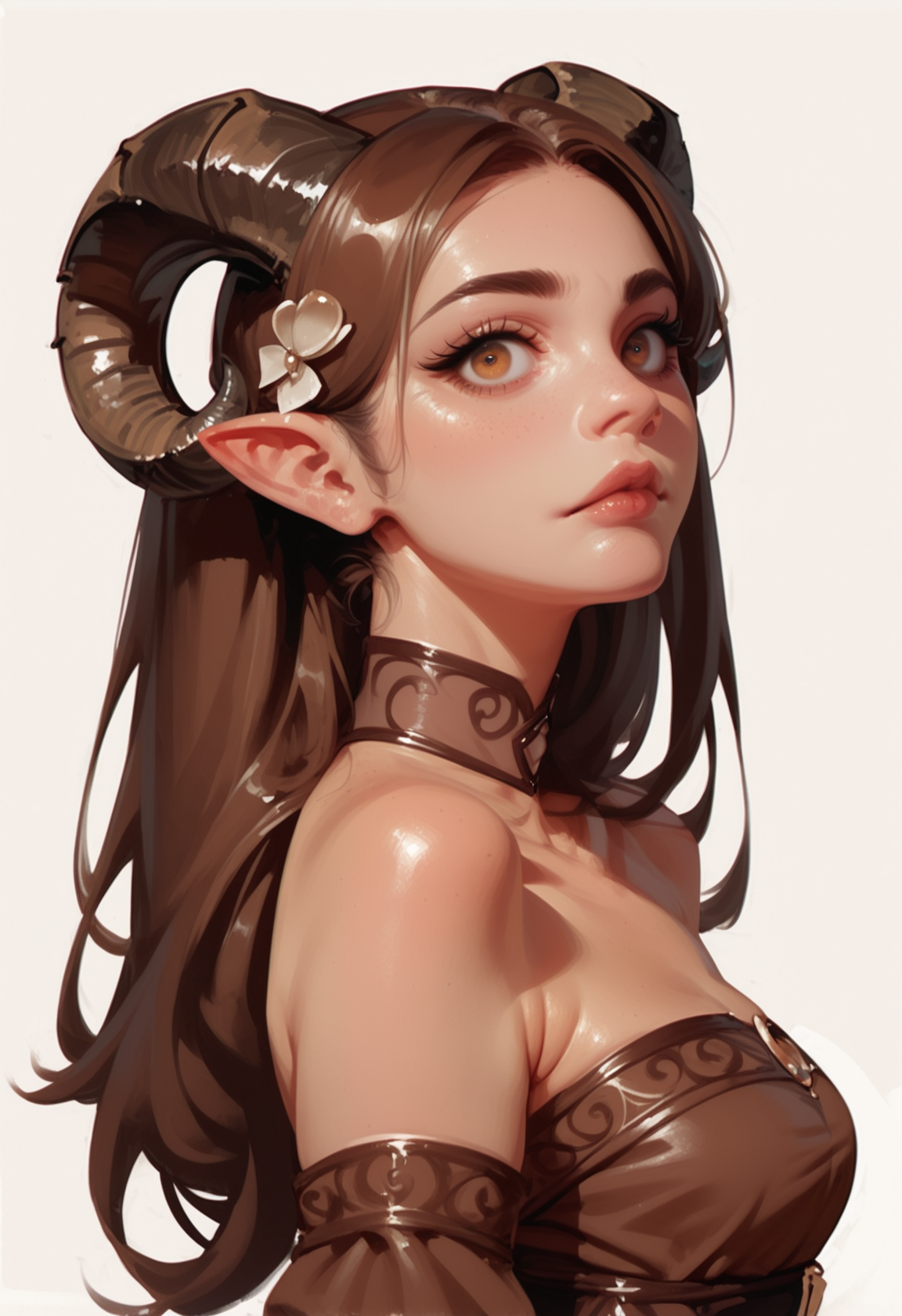 1girl, horns, solo, long hair, pointy ears, looking at viewer, brown hair, bare shoulders, , upper body, sheep horns, , light brown eyes, dress, choker, curled horns, straight hair, breasts, hair ornament, detached sleeves, , brown dress, nose, from side, , , brown hair, , eyelashes, , see-through, hazel eyes, looking to the side, strapless dress, demon girl, color eyelashes , , simple background,  
rimixa,, <lora:Ri-MIX_A_pony2:1>, , score_9, score_8_up, score_8_up,